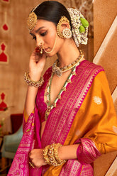 Yellow Mercerized Sigma Silk ︎With Classical Patola Design And SambalPuri Print With Aqua Finish